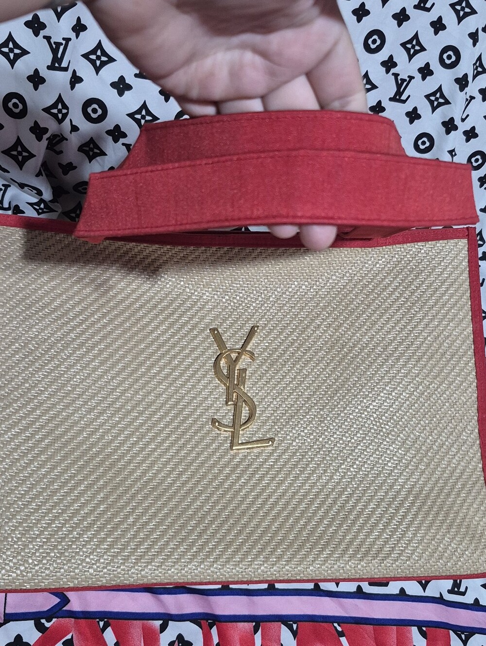 Yves Saint Laurent Natural Raffia Tote with Red Trim and Gold Logo - Picture 10 of 10